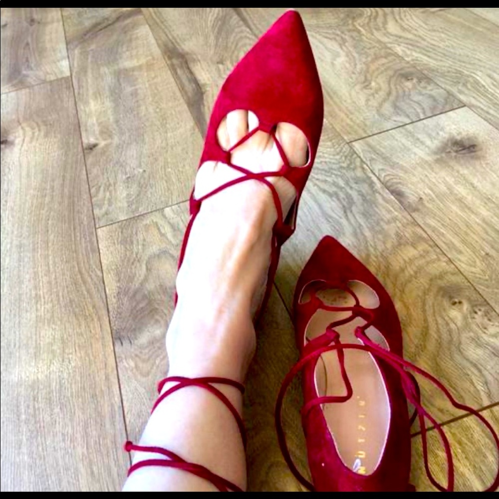 Red suede wrap around leg flats